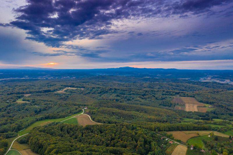 Weitläufige Luftaufnahme einer bewaldeten und landwirtschaftlich genutzten Landschaft mit Bergen im Hintergrund bei Sonnenuntergang.