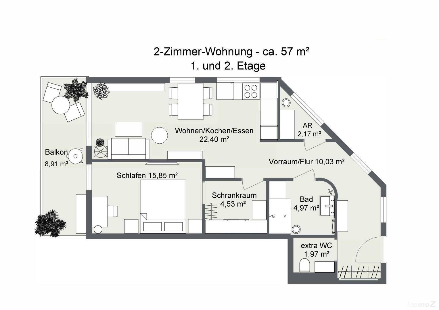 Grundriss - ca. 57 m² - 1. und 2. Etage - 1. Etage - 2D Floor Plan