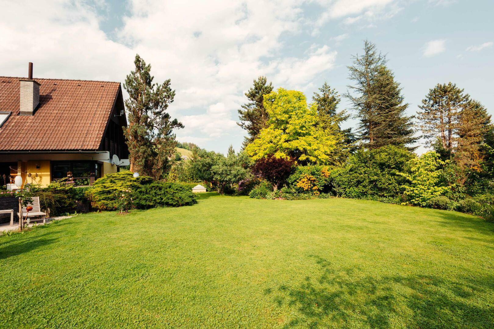 Weitläufige Rasenfläche mit vielfältigem Baumbestand und Sträuchern, angrenzend an das Haus.