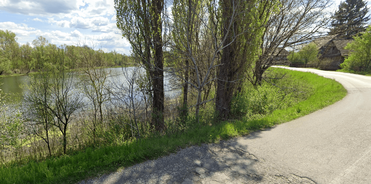Kurvige Straße am Seeufer, gesäumt von Bäumen und grüner Vegetation.