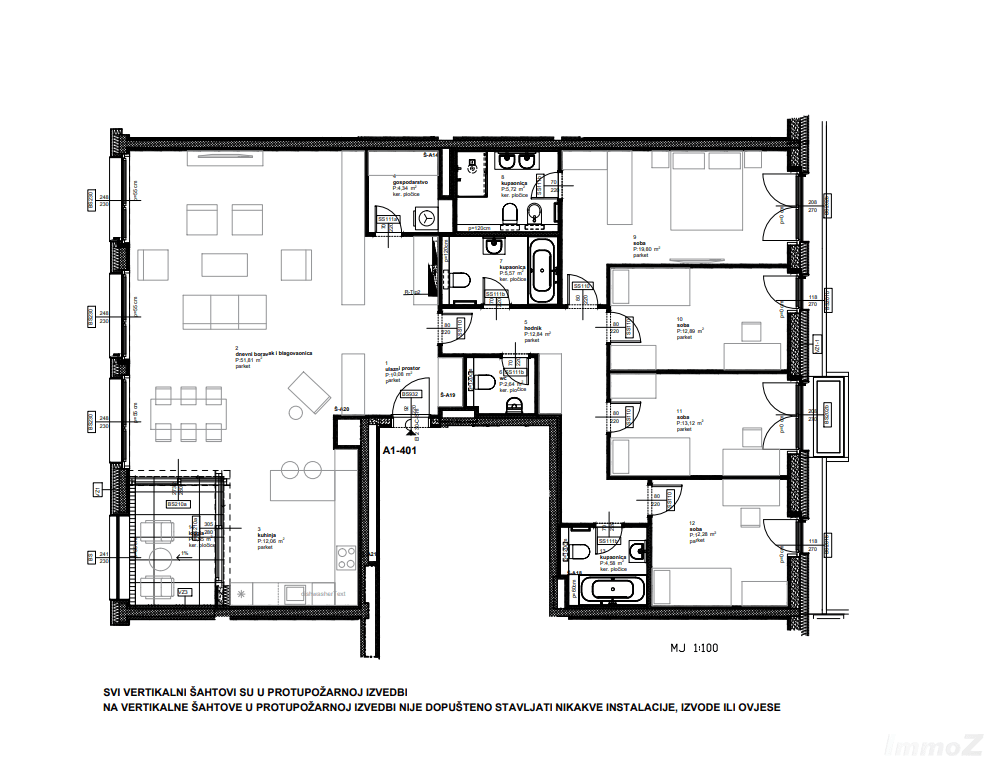 Grundriss einer Wohnung mit mehreren Zimmern, Bädern und Balkonzugang.
