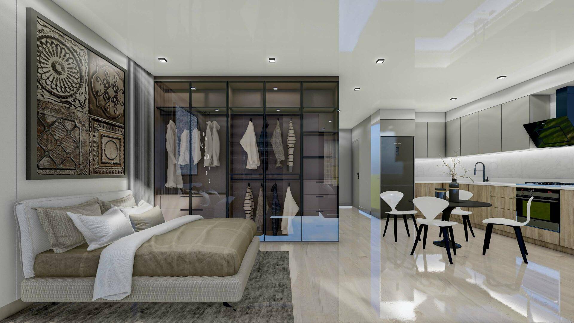 Modernes Schlafzimmer mit integriertem Kleiderschrank und offener Küchenzeile im Studio-Stil.