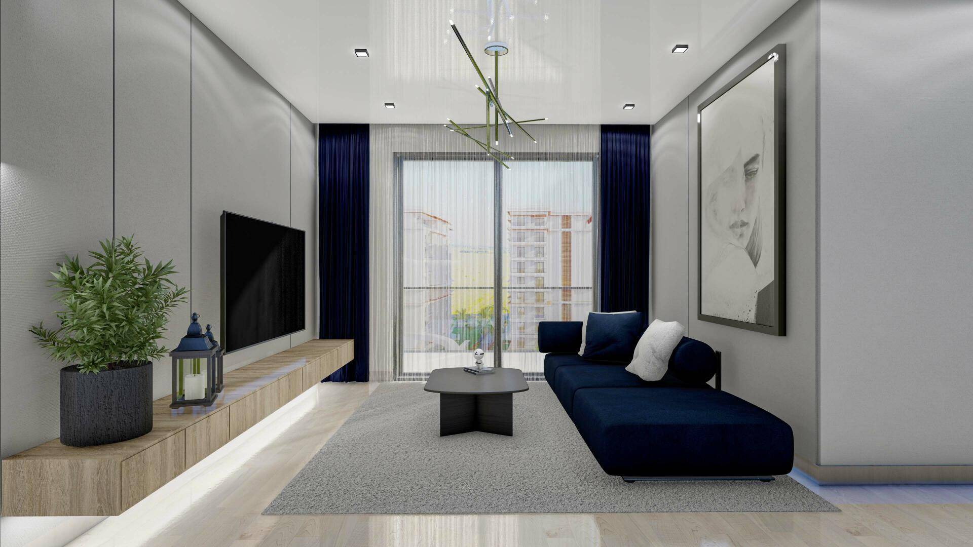 Helles Wohnzimmer mit dunkelblauem Sofa, großem Fernseher und Zugang zum Balkon.