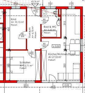 Detaillierter Grundriss einer Wohnung mit Schlafzimmern, Bad und offenem Wohnbereich.