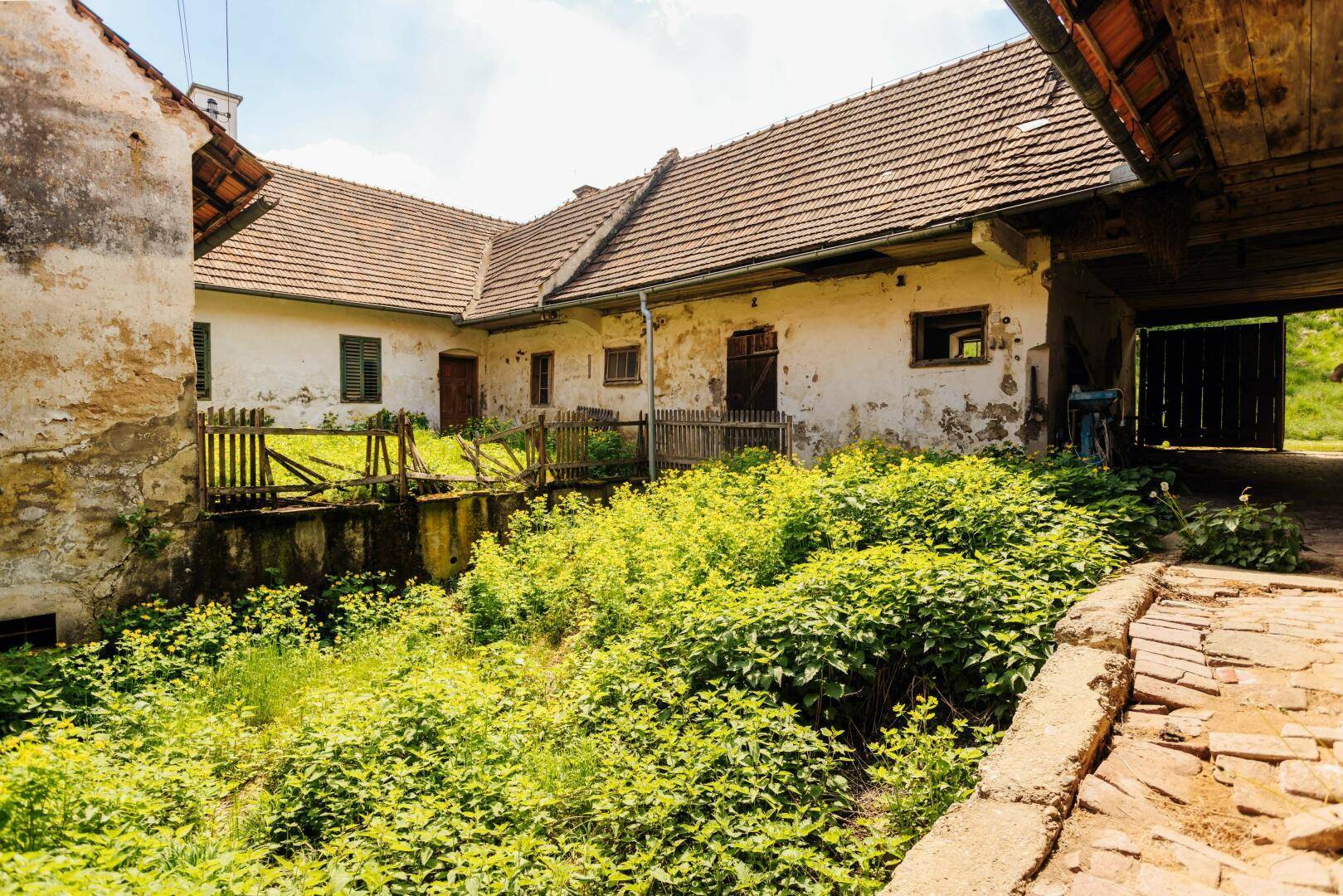 Innenhofbereich mit üppigem Grün und einem alten Zaun, umgeben von den Gebäuden des Bauernhofs.