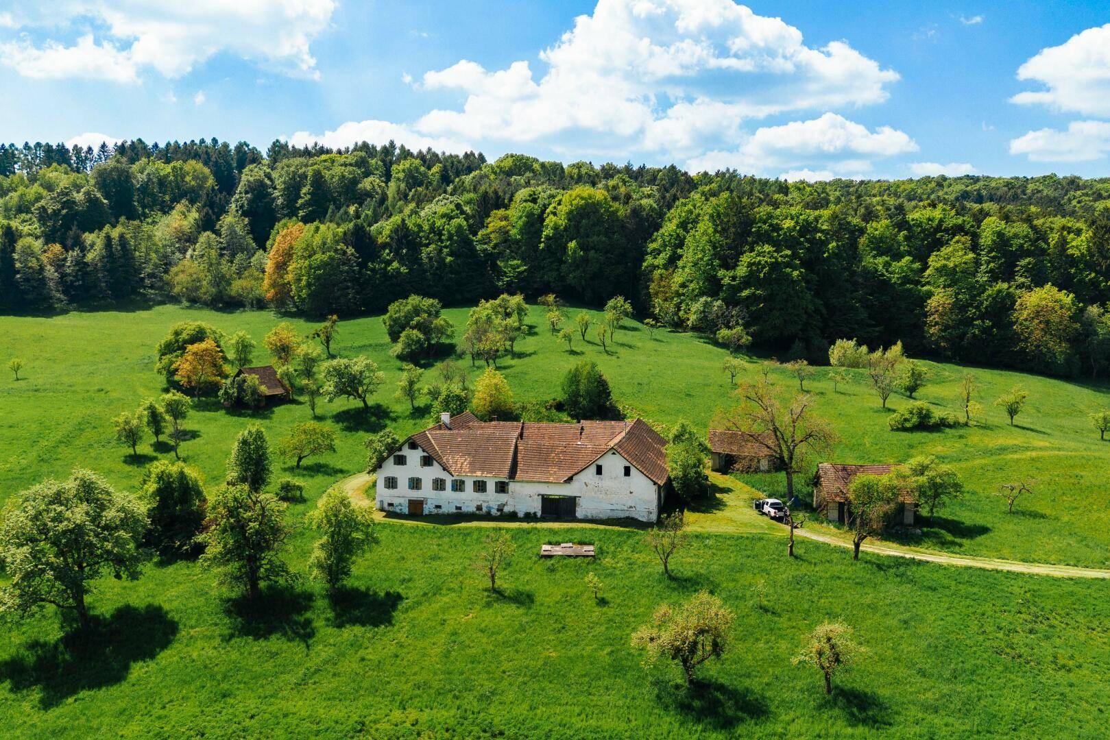 Panoramische Luftansicht eines Bauernhofs, eingebettet in eine weite grüne Landschaft mit Bäumen und Wald im Hintergrund.