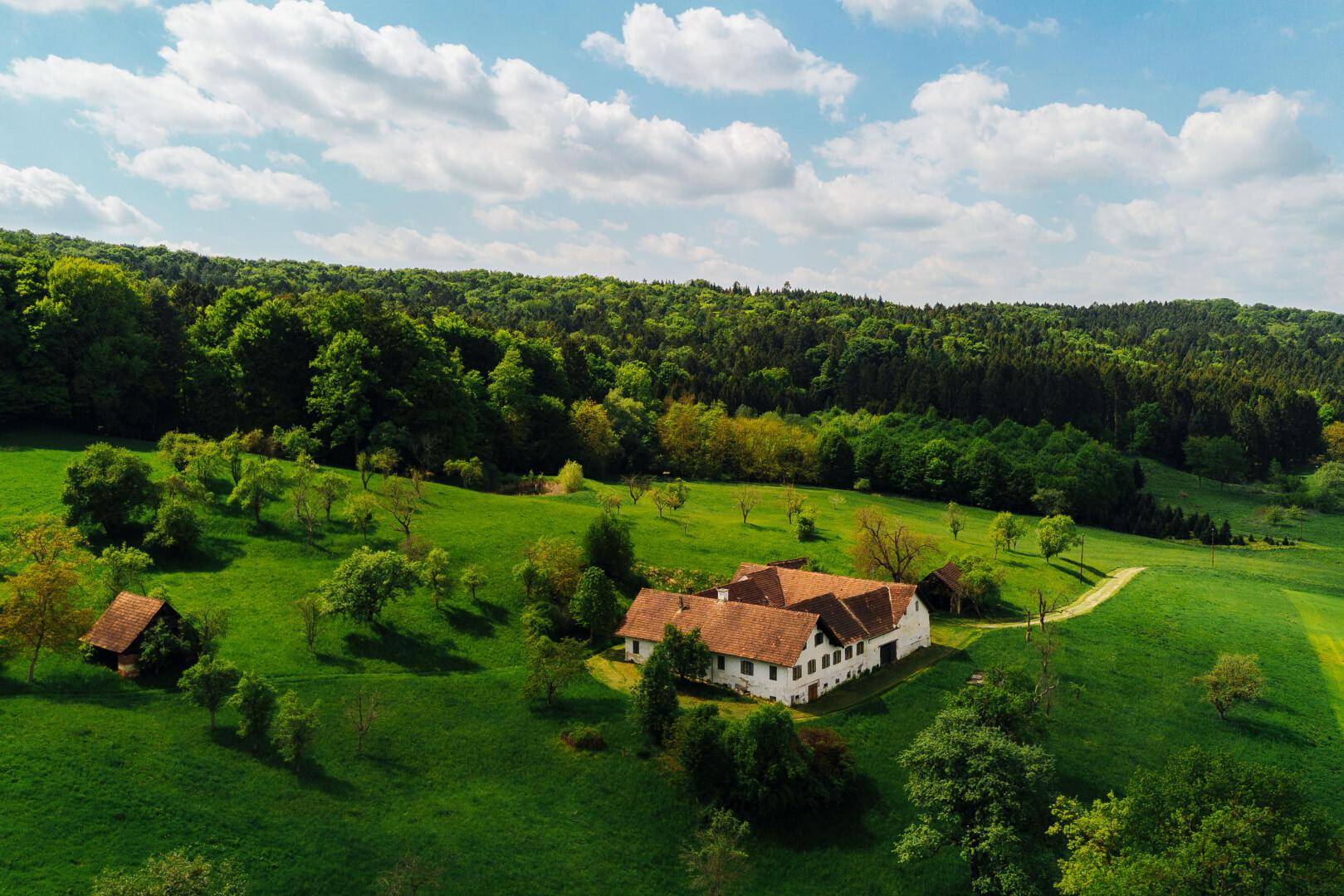 Luftaufnahme eines Bauernhofs in einer weitläufigen grünen Landschaft mit Bäumen und einem klaren blauen Himmel.