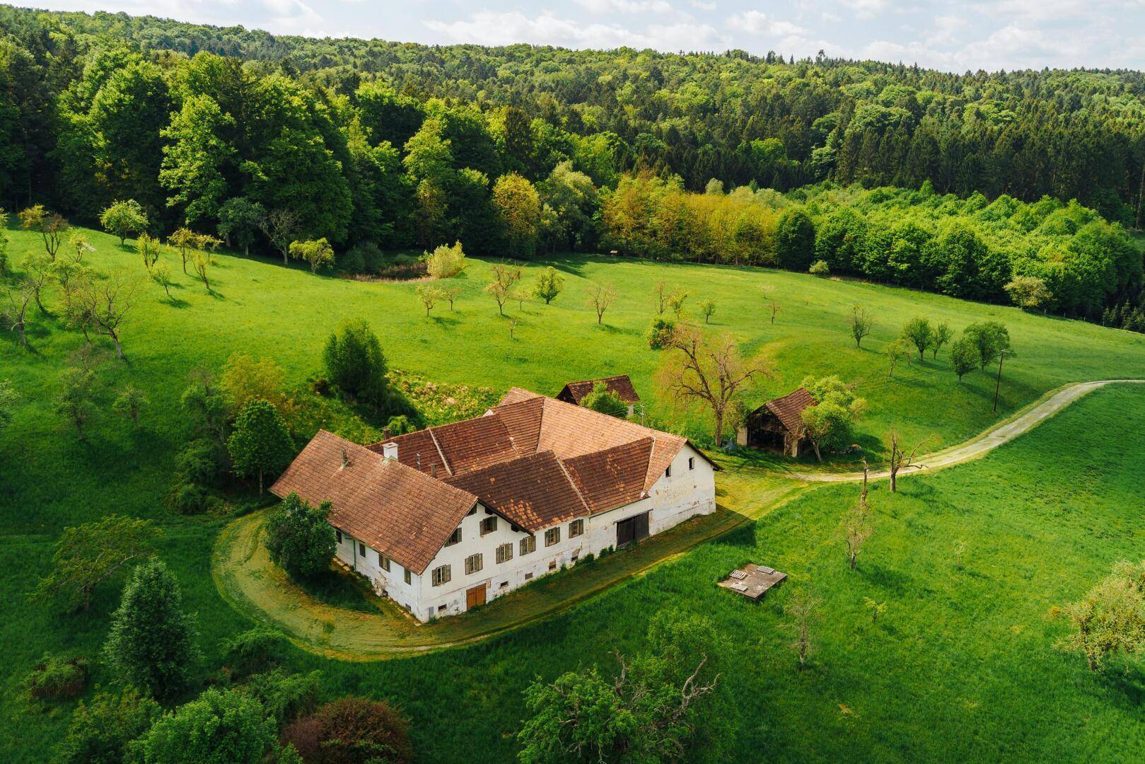 Luftaufnahme eines historischen Bauernhofs mit mehreren Gebäuden und roten Ziegeldächern, umgeben von grünen Wiesen.