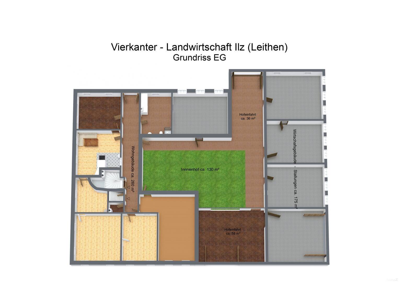 Grundriss des Erdgeschosses eines Vierkanthofs mit Wohnbereichen, Wirtschaftstrakt und großem Innenhof.