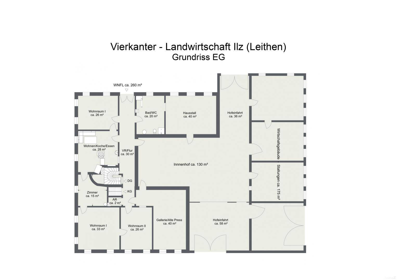 Detaillierter Grundriss des Erdgeschosses eines Bauernhofs mit verschiedenen Wohn- und Nutzbereichen sowie Innenhof.