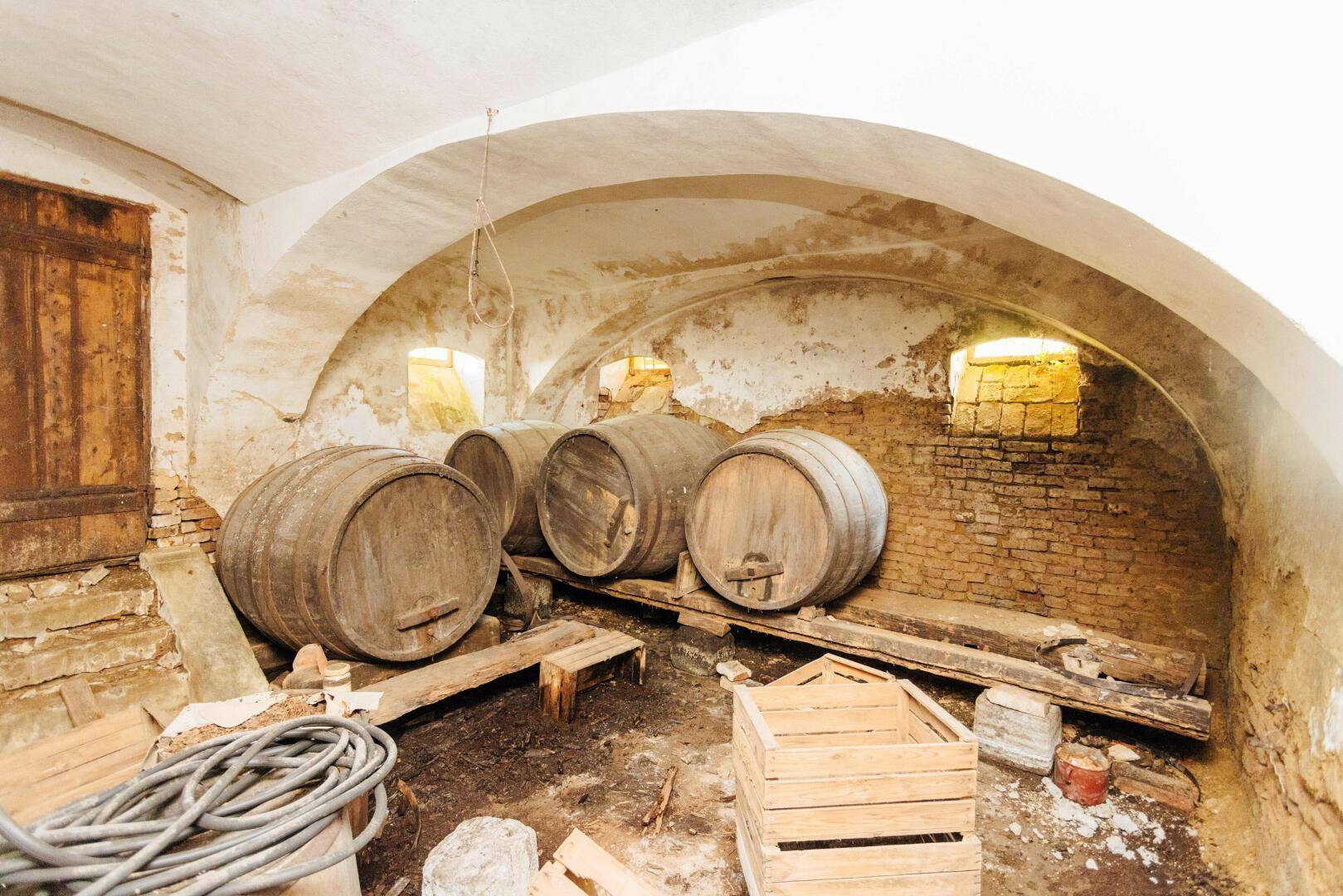 Historischer Weinkeller mit Gewölbedecke und großen Holzfässern, der den traditionellen Charakter bewahrt.