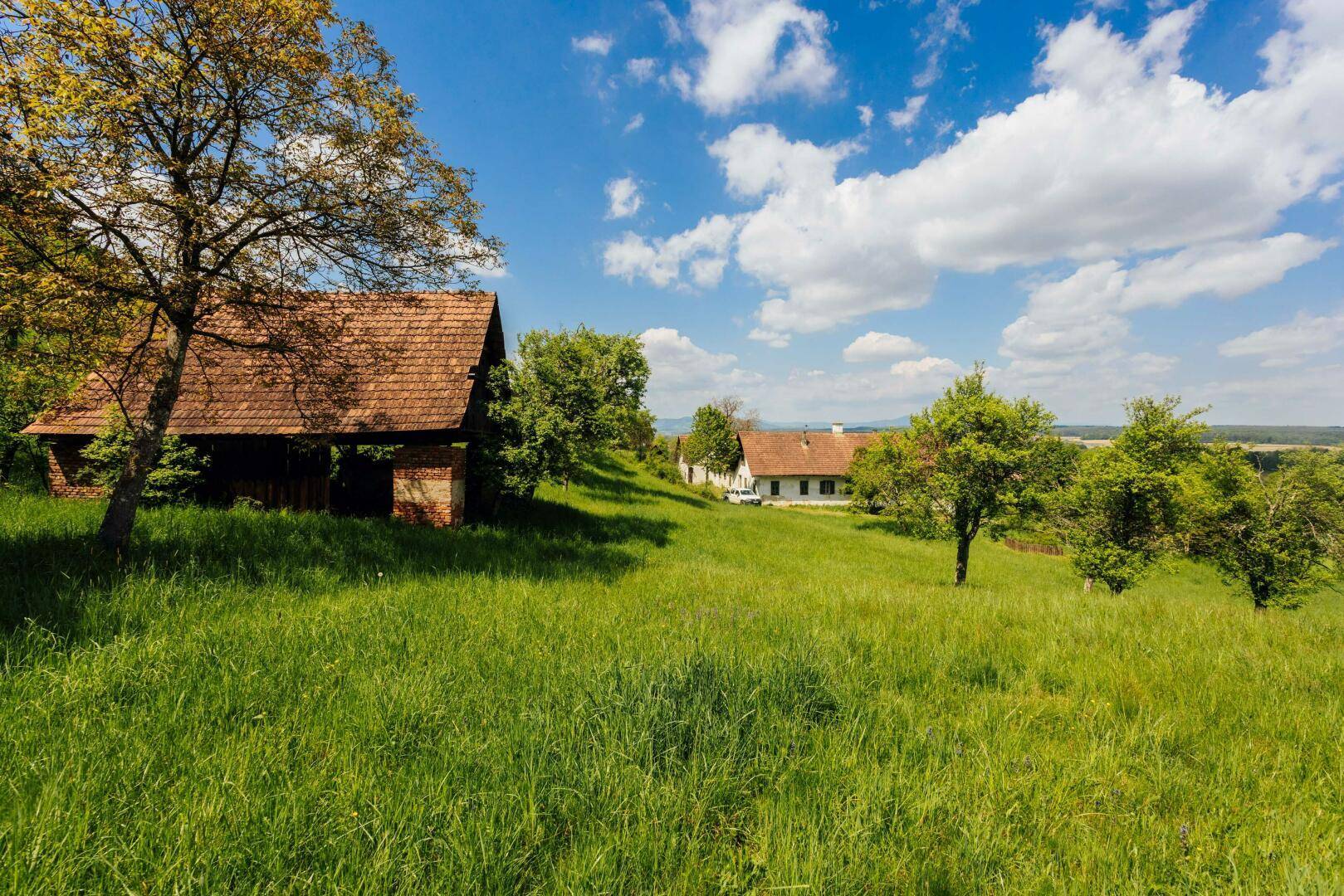 Blick über eine grüne Wiese auf mehrere historische Gebäude in der Ferne unter blauem Himmel.