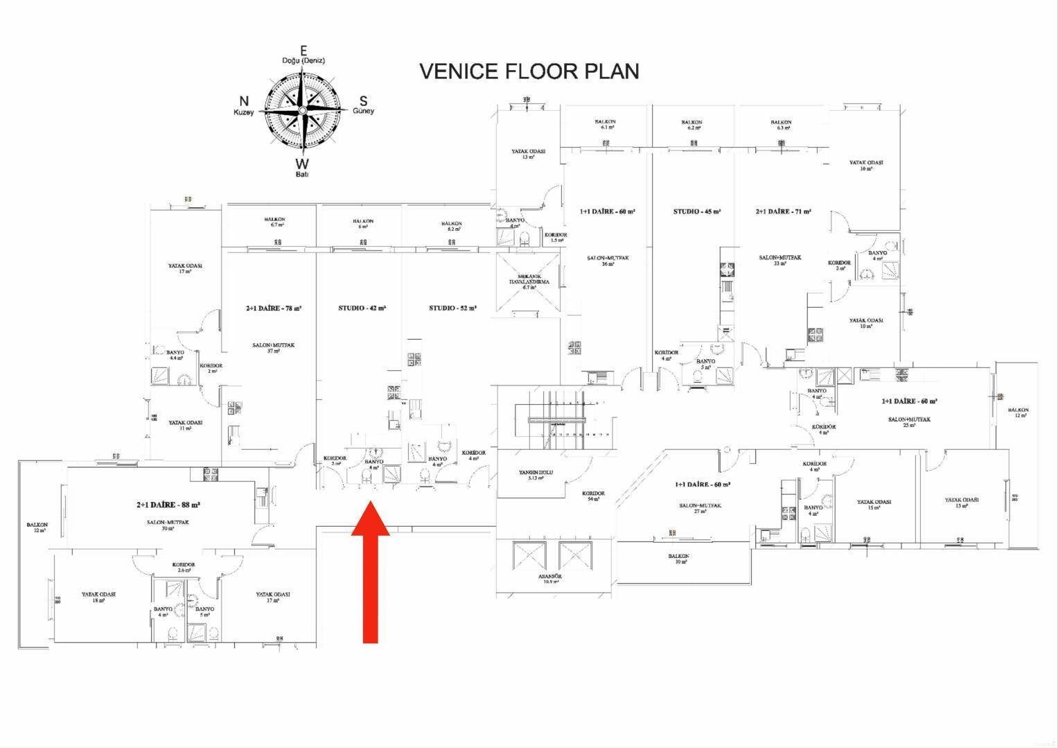 Detaillierter Grundrissplan mit verschiedenen Wohnungstypen und Raumaufteilungen.