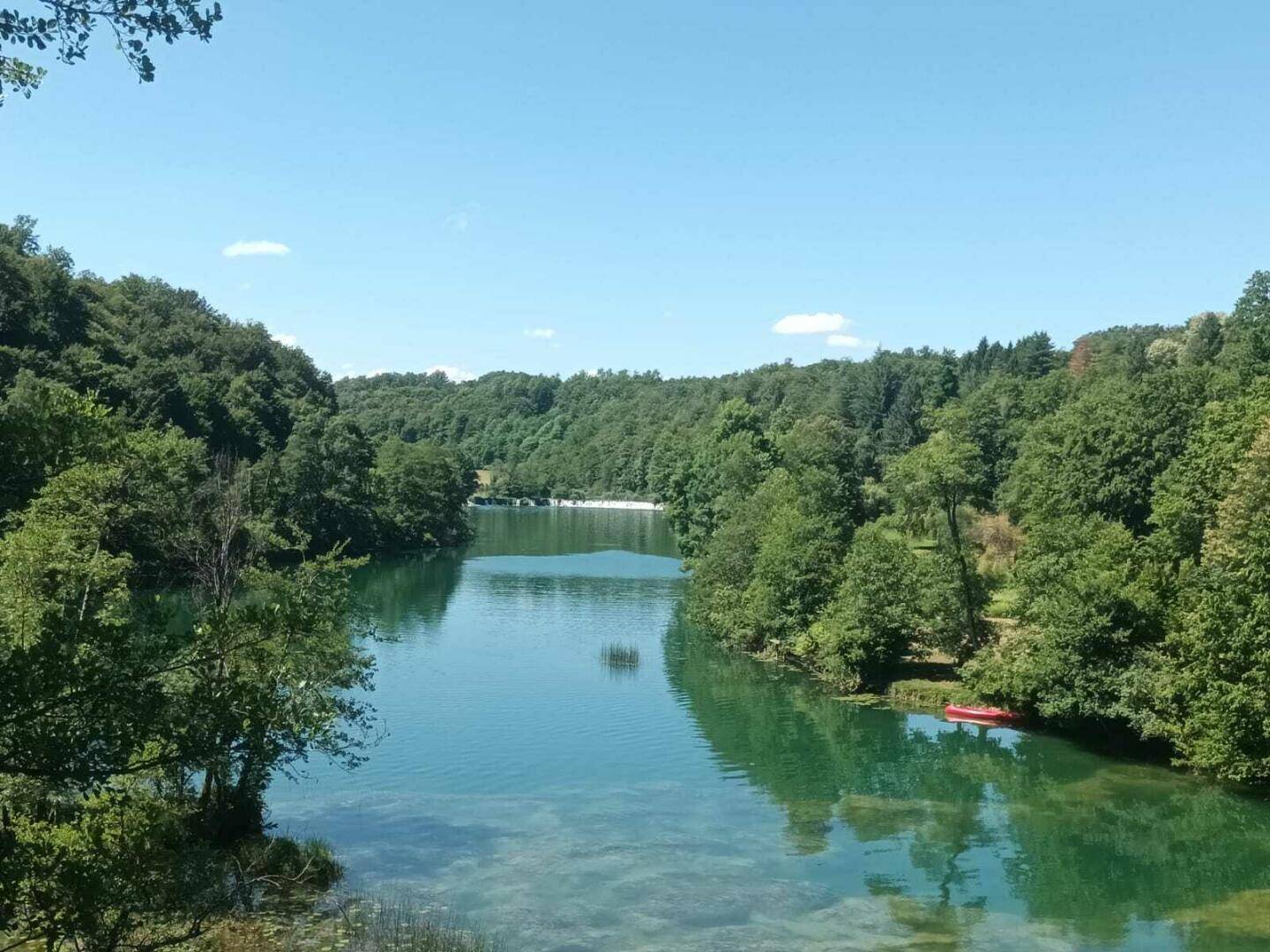 Klarer blauer Fluss umgeben von dichtem Wald unter strahlend blauem Himmel.