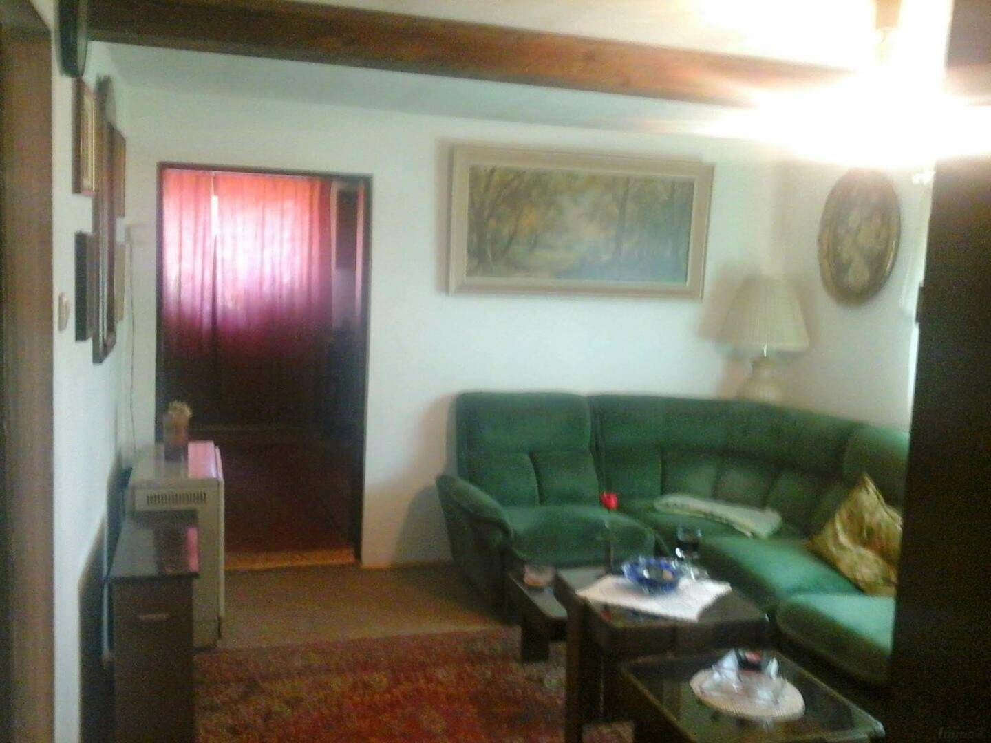 Gemütliches Wohnzimmer mit grünem Sofa, Holzbalken an der Decke und einem traditionellen Teppich.