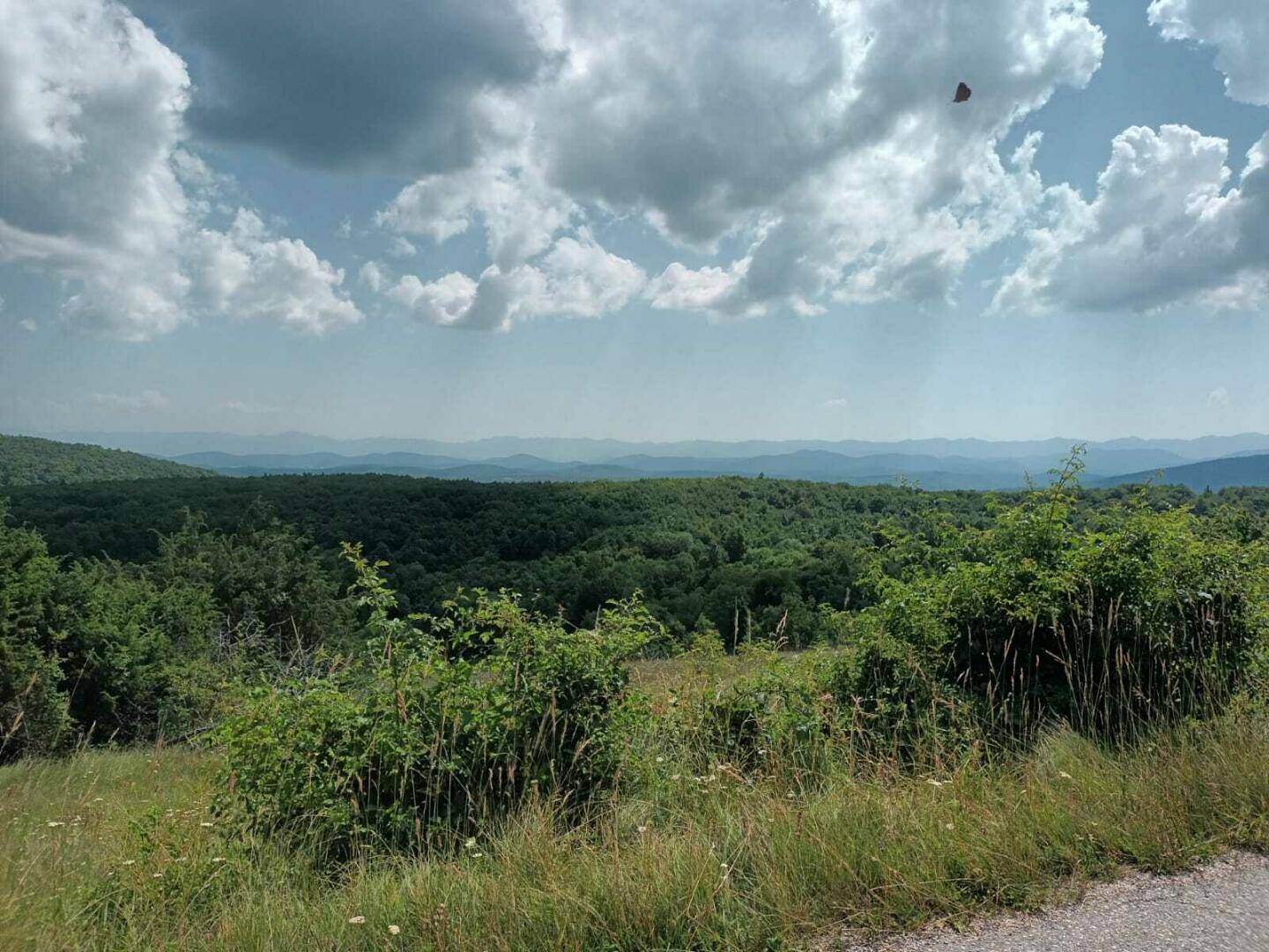 Panoramablick über eine grüne Hügellandschaft unter einem dramatischen Himmel mit vielen Wolken.