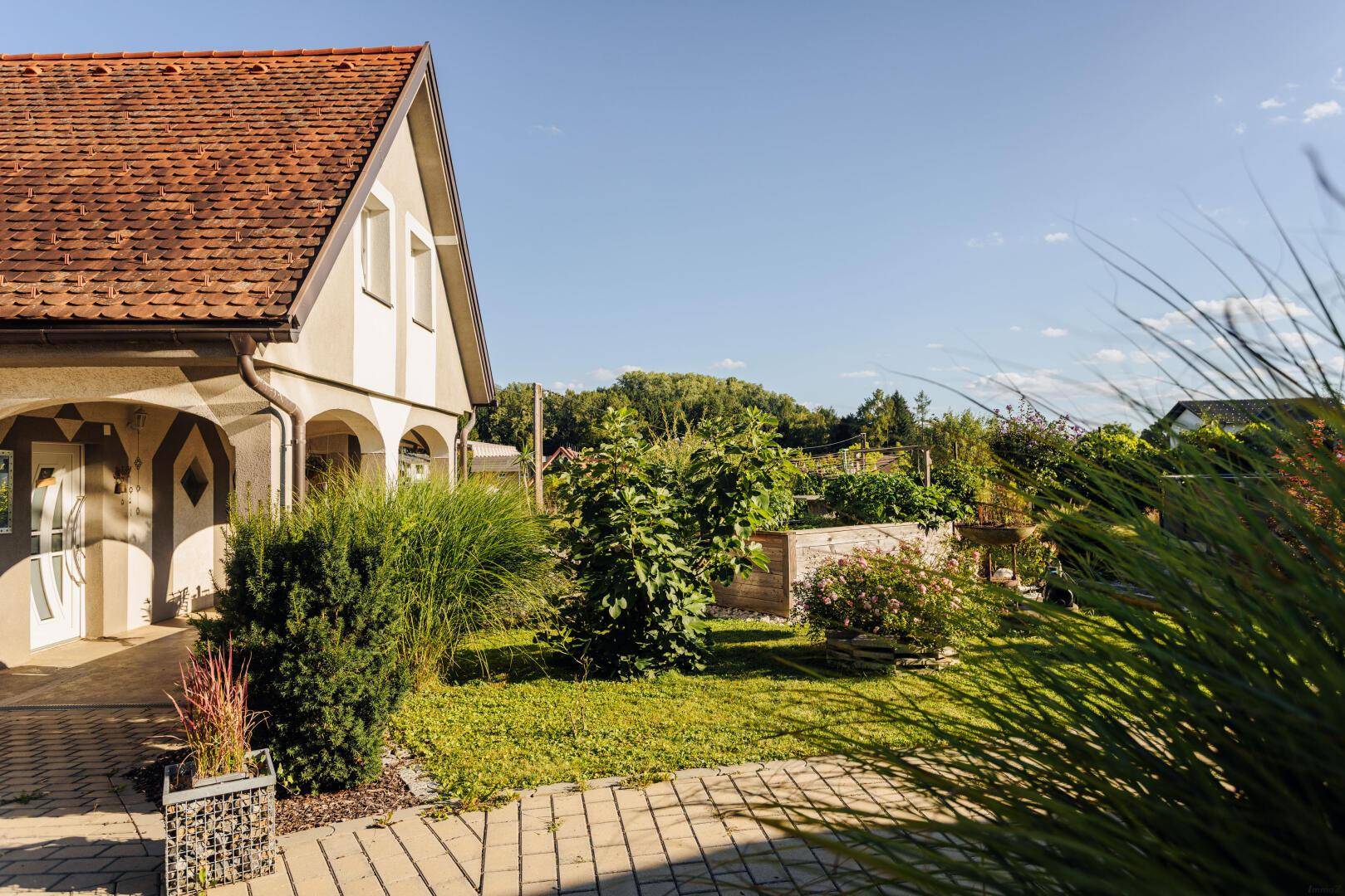 Gepflegter Gartenbereich mit Rasen, Sträuchern und gepflastertem Weg vor dem Haus.