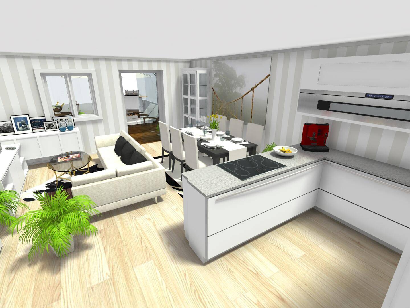 02 Küche Essbereich Wohnen open plan Maisonette- 3D Foto