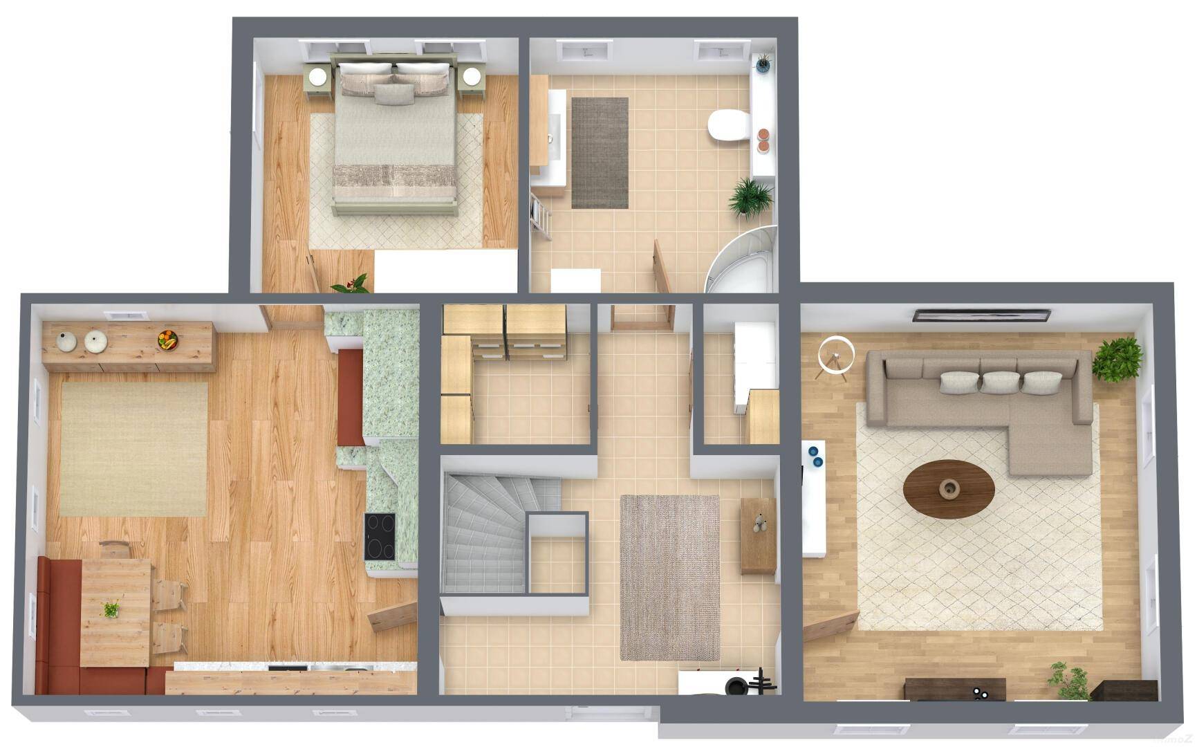 Grundriss des Erdgeschosses mit Schlafzimmer, Bad, Küche und offenem Wohnbereich.