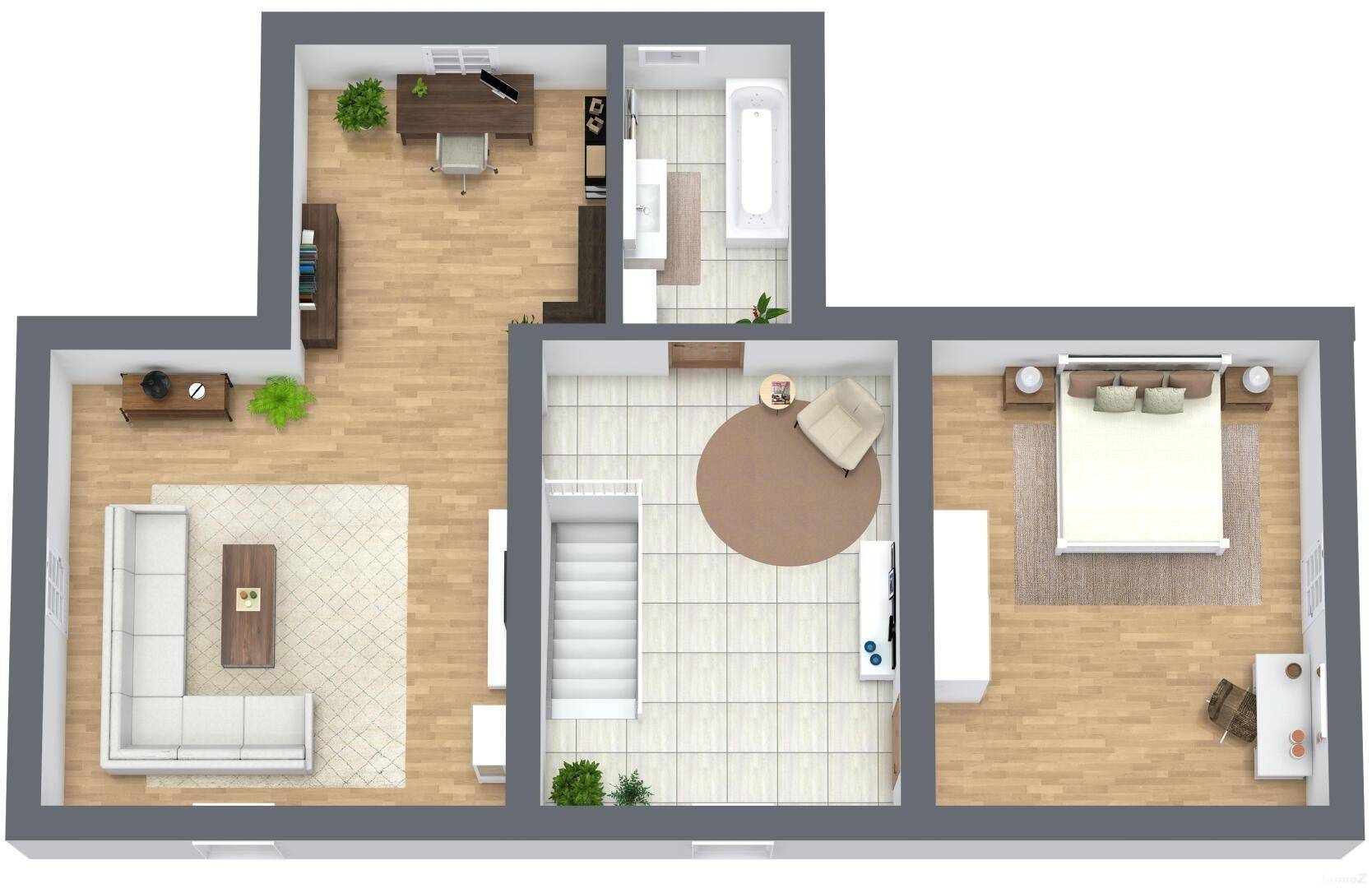 Grundriss des Obergeschosses mit Schlafzimmer, Büro, Bad und offenem Wohnbereich.