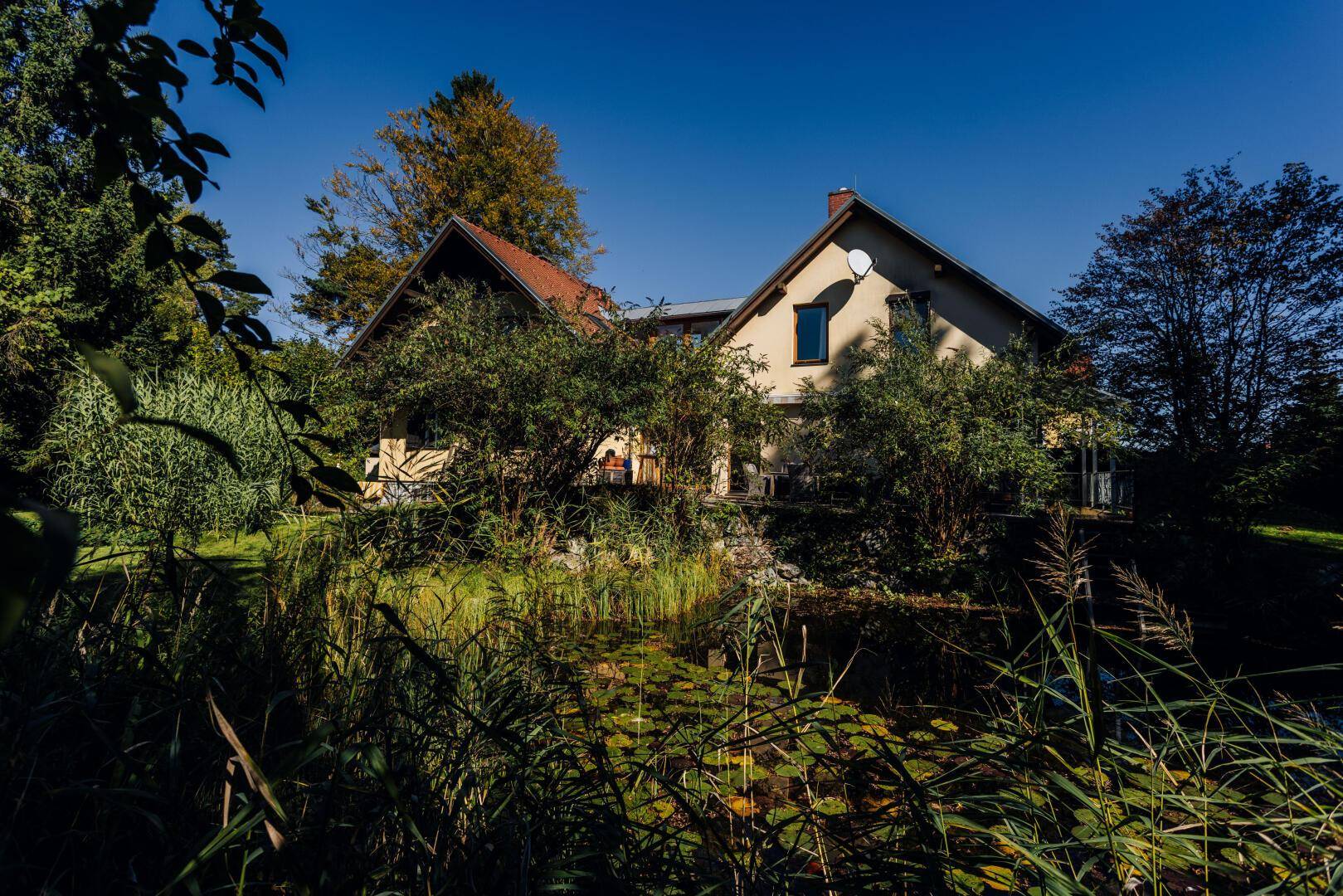 Das Haus vom Teich im Garten aus gesehen, umgeben von üppiger Vegetation.