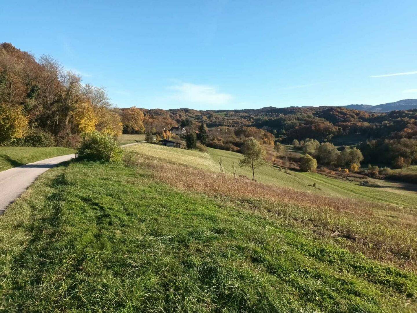 Landstraße schlängelt sich durch eine hügelige Herbstlandschaft mit vereinzelten Häusern und Wäldern.