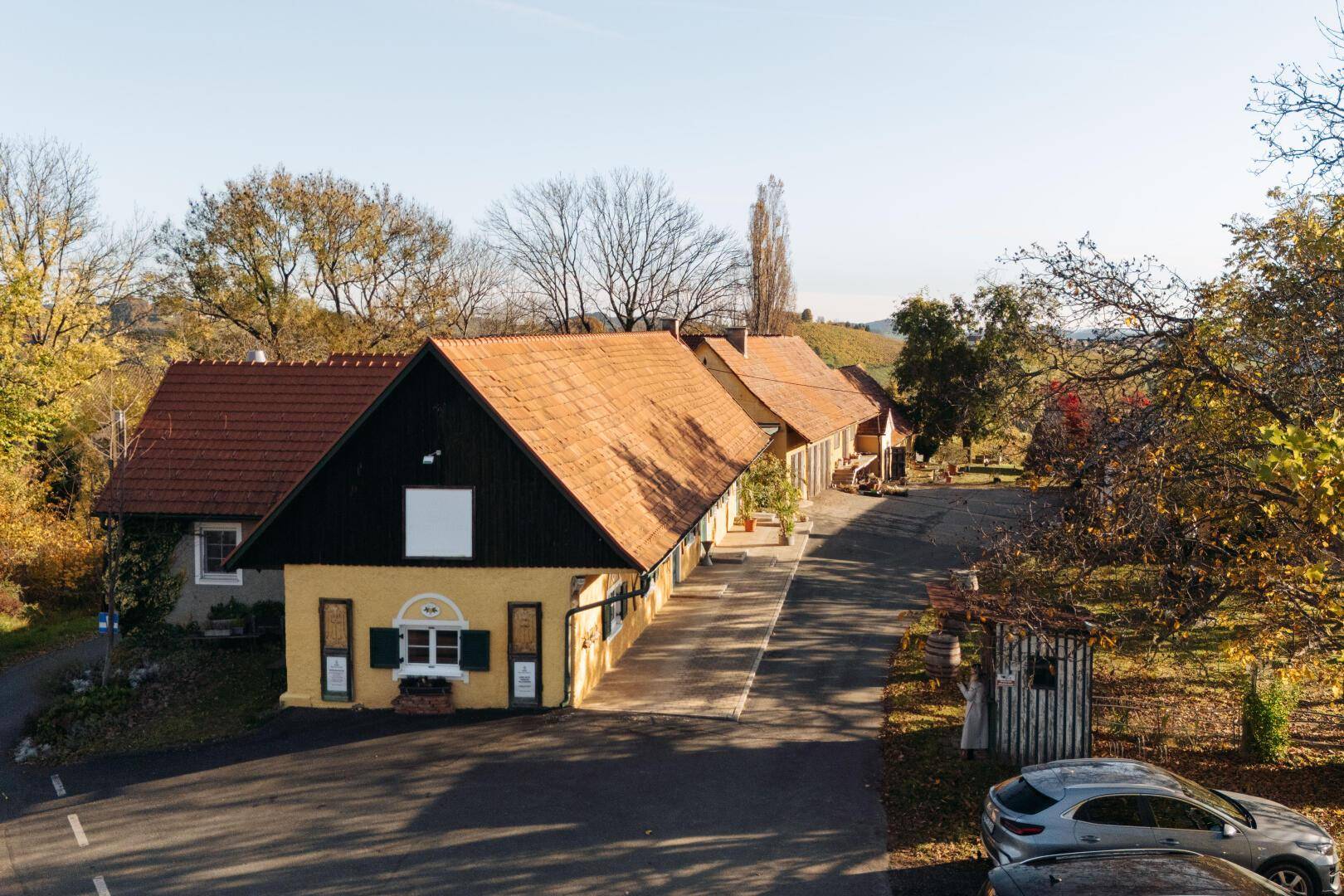 Luftaufnahme des Anwesens mit gelben Fassaden und roten Ziegeldächern, umgeben von herbstlicher Natur.
