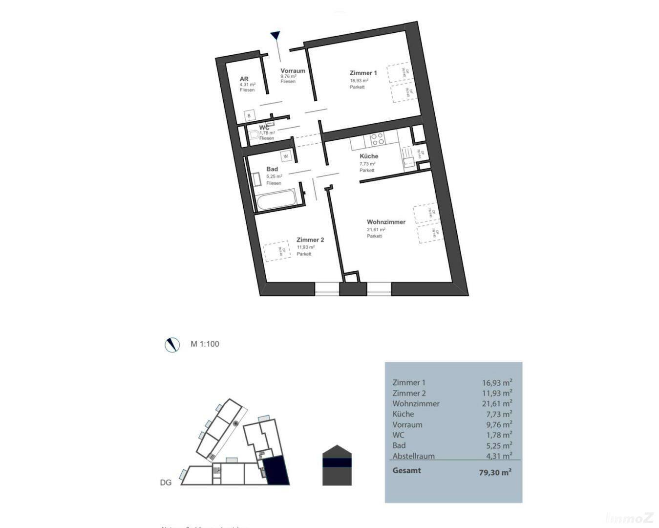 Grundriss der Dachgeschosswohnung mit Wohnzimmer, Küche, zwei Schlafzimmern und Bad.
