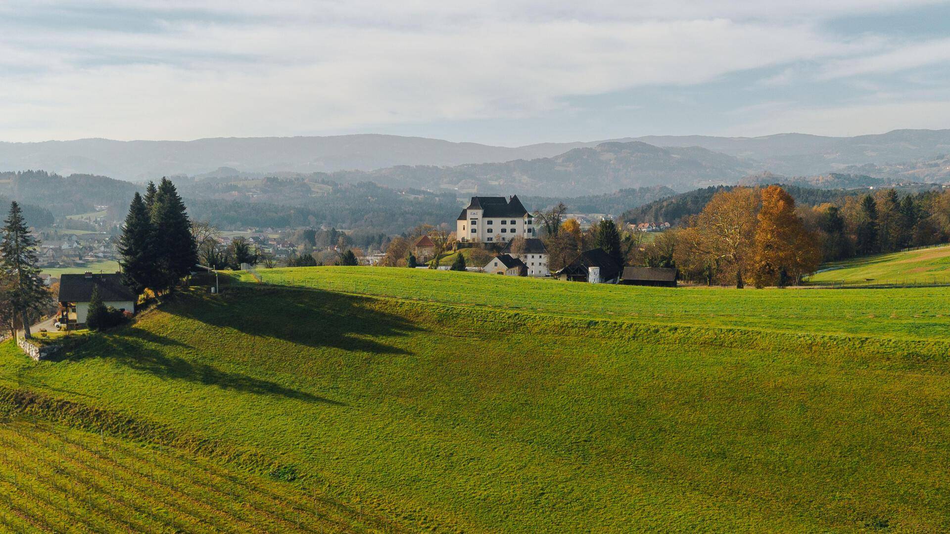 Weitläufige Landschaft mit grünen Feldern, Hügeln und einem Schloss in der Ferne.