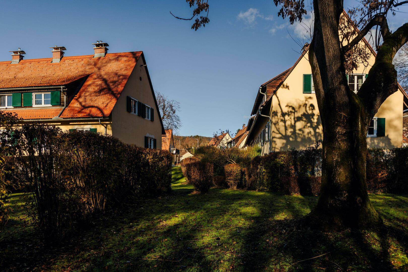 Ansicht von zwei traditionellen Häusern mit gelben Fassaden und roten Dächern, umgeben von Hecken und Bäumen.