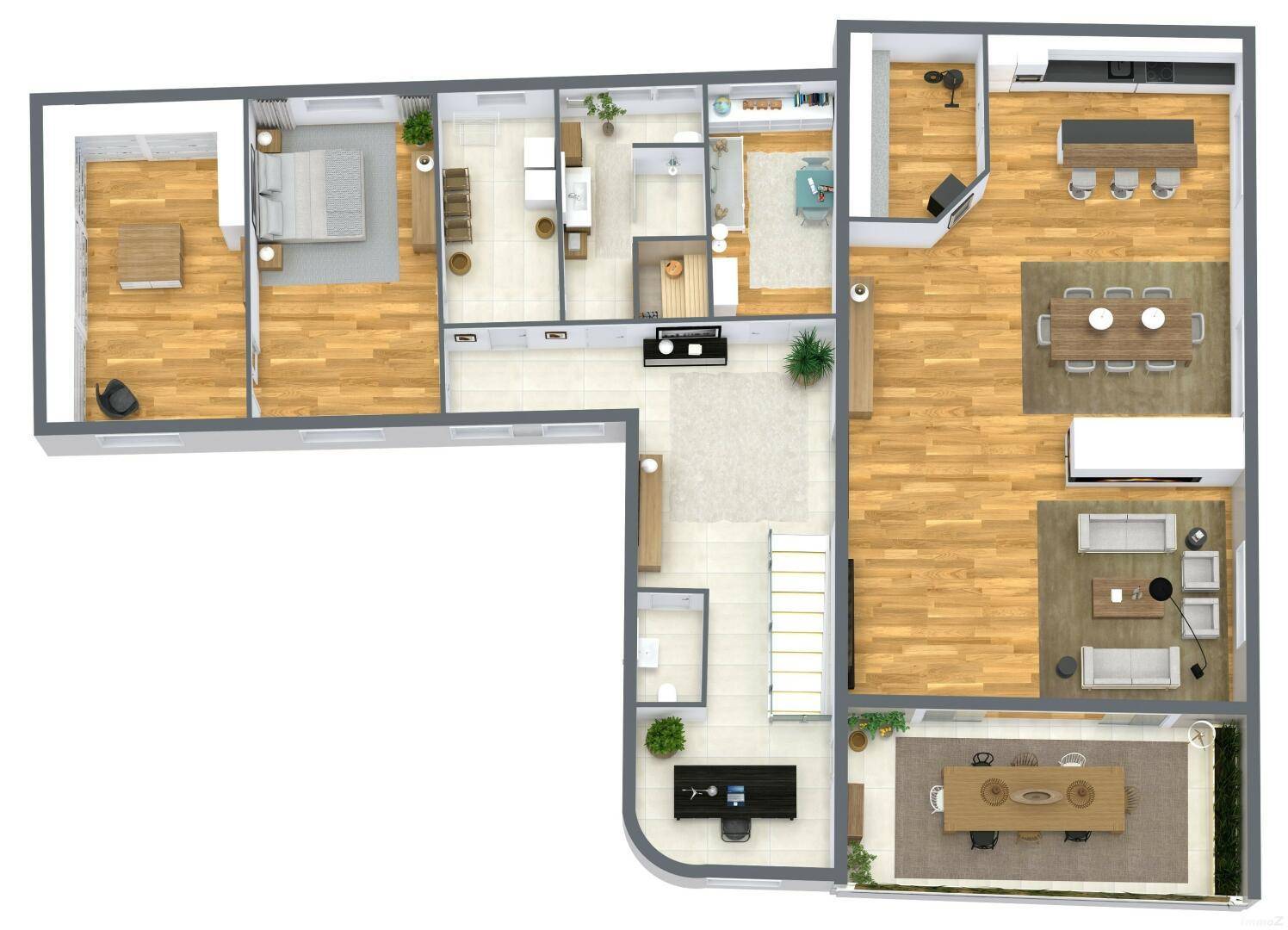 3D-Grundriss einer Wohnung mit offenem Wohnbereich, zwei Schlafzimmern und Balkon.