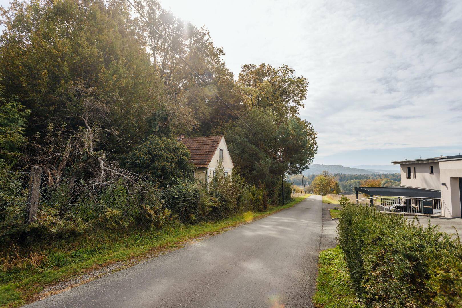 Ländliche Straße mit einem von Bäumen umgebenen Haus und weitem Blick in die Ferne.