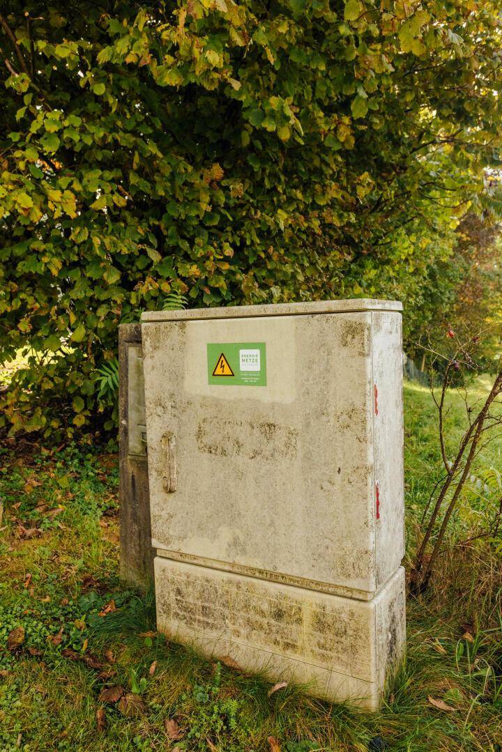 Grauer Stromverteilerkasten im Freien, umgeben von Bäumen und Sträuchern.
