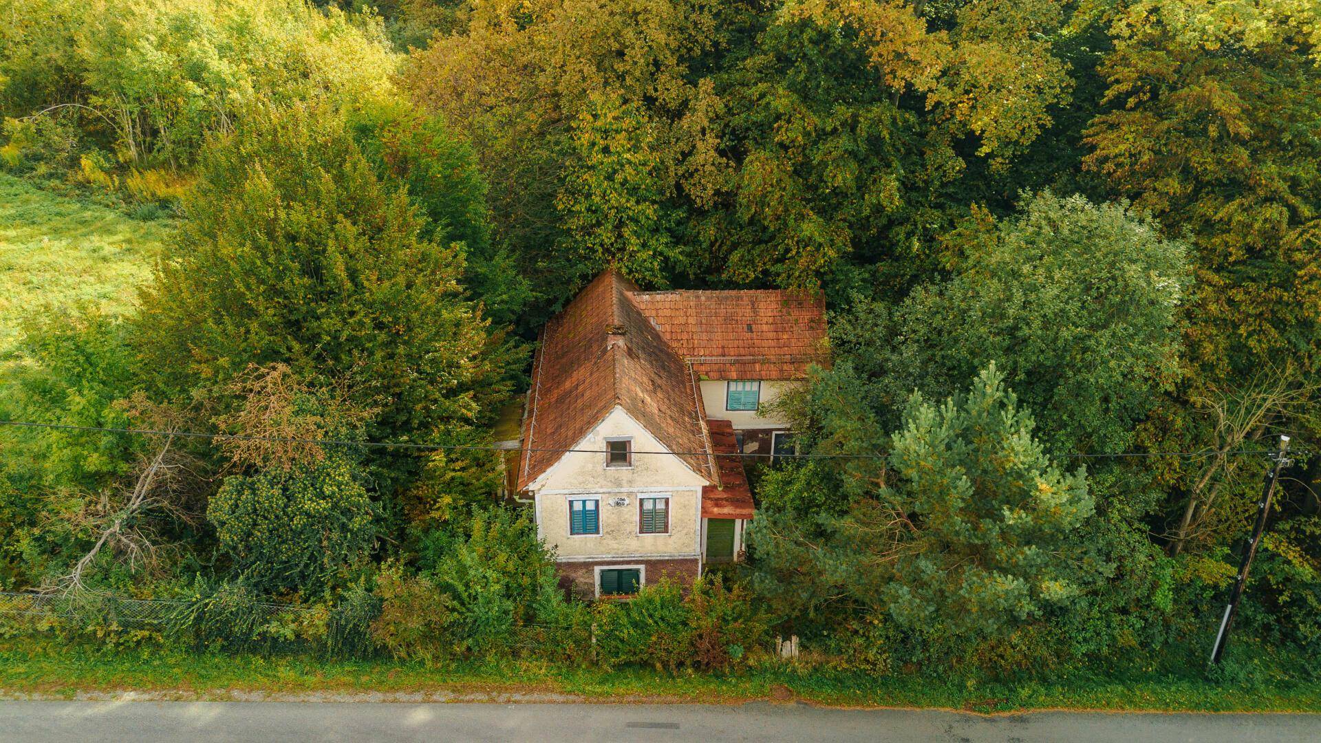 Altes, von Bäumen umgebenes Haus mit verwitterter Fassade und Ziegeldach.