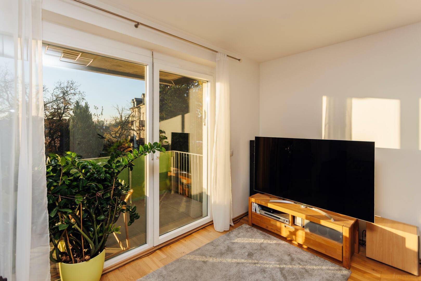 Heller Wohnbereich mit großem Fernseher, Pflanzen und Blick ins Grüne vom Balkon.