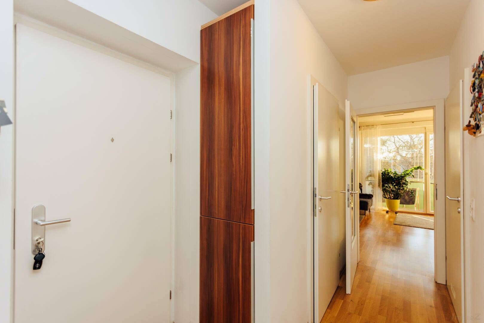 Heller Eingangsbereich mit Parkettboden und integriertem Holzschrank.