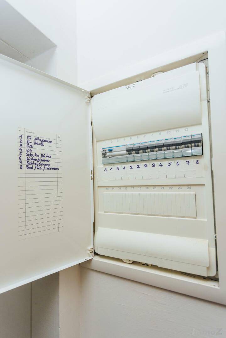 Elektrischer Sicherungskasten mit Beschriftungen für die verschiedenen Stromkreise der Wohnung.