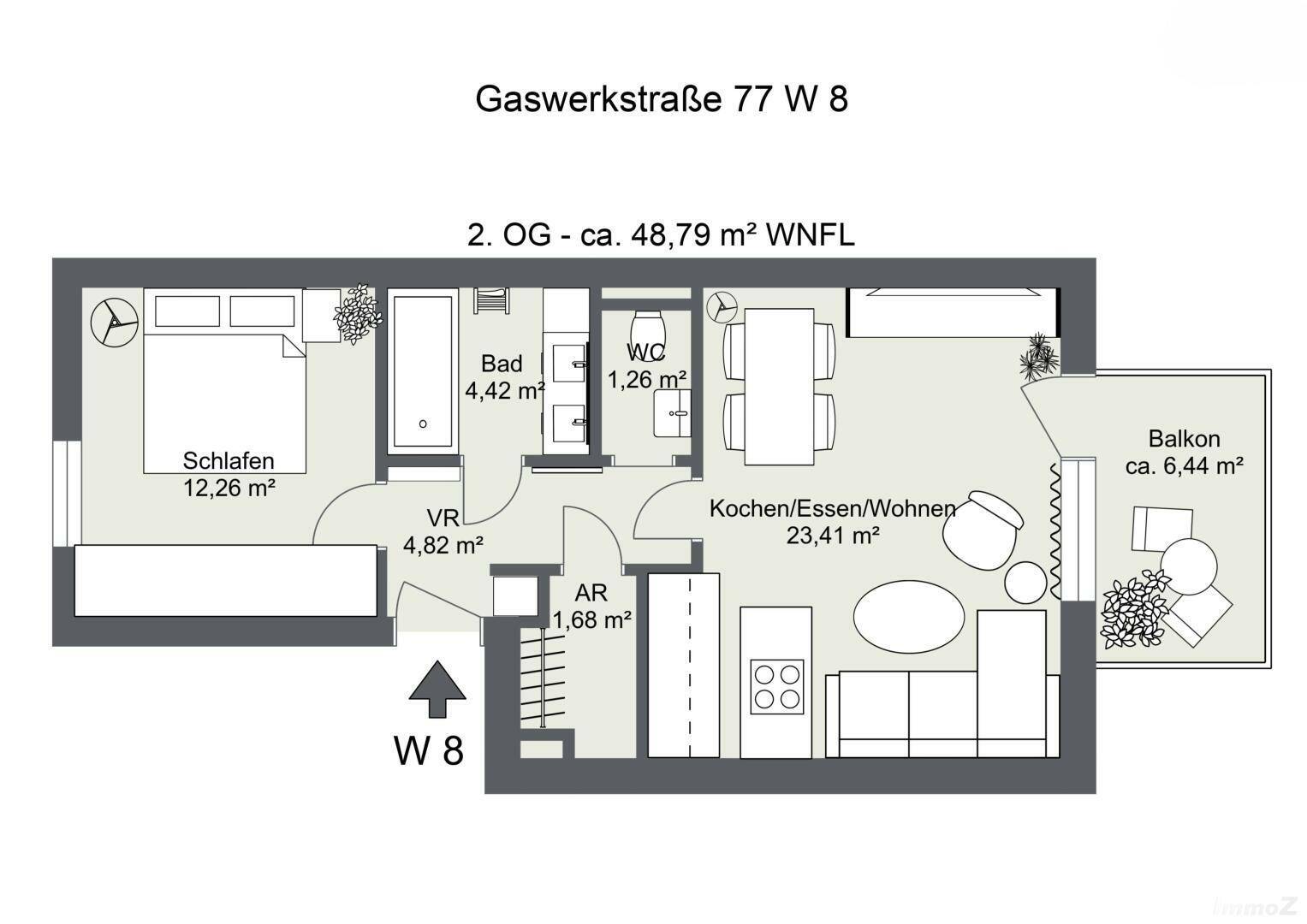 Detaillierter Grundriss einer 48,79 m² großen Wohnung mit Schlafzimmer, Bad und Balkon.