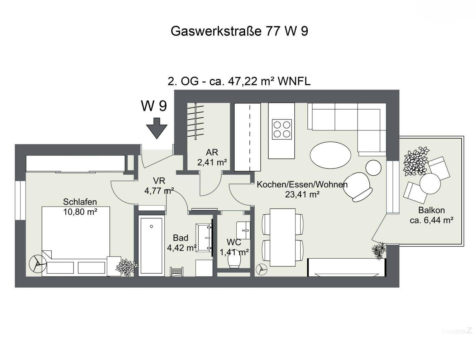 Detaillierter Grundriss einer 47,22 m² großen Wohnung mit Schlafzimmer, Bad und Balkon.