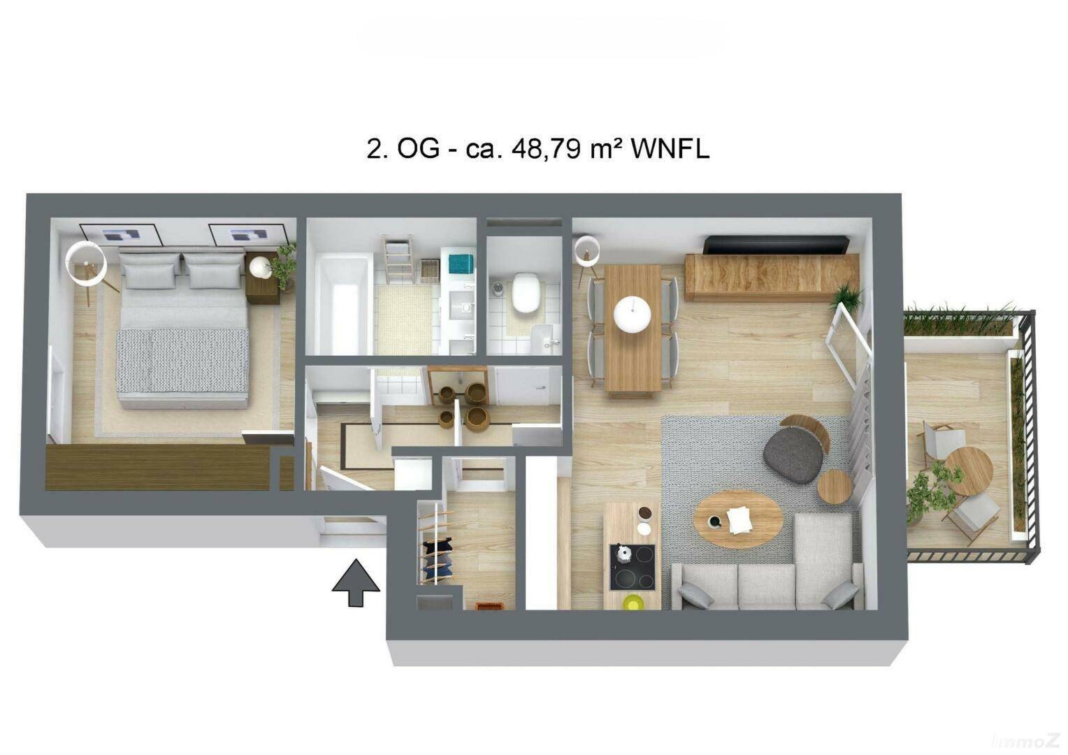 Dreidimensionaler Grundriss einer Wohnung mit einem Schlafzimmer, offenem Wohnbereich und Balkon.