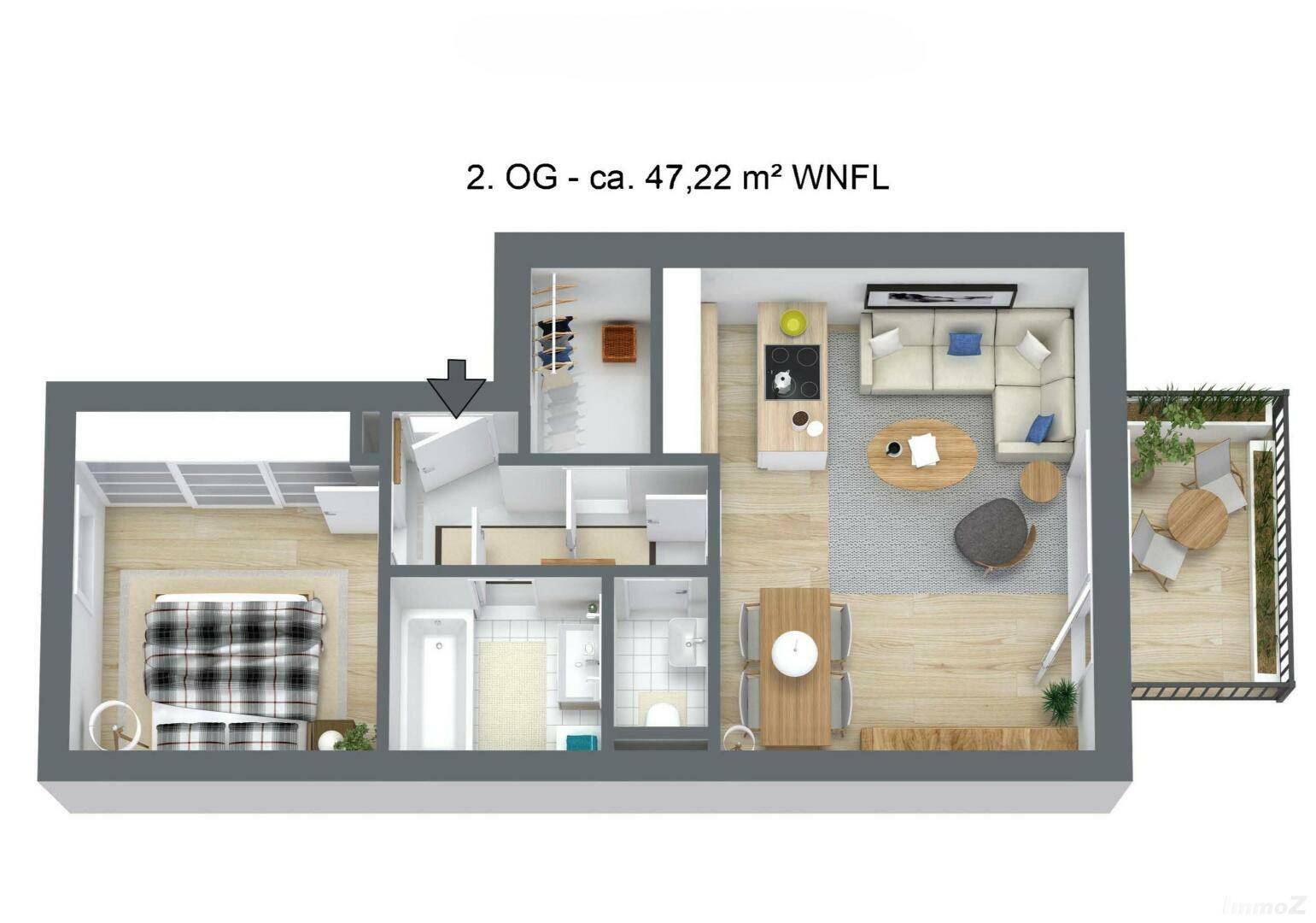 Dreidimensionaler Grundriss einer Wohnung mit einem Schlafzimmer, offenem Wohnbereich und Balkon.