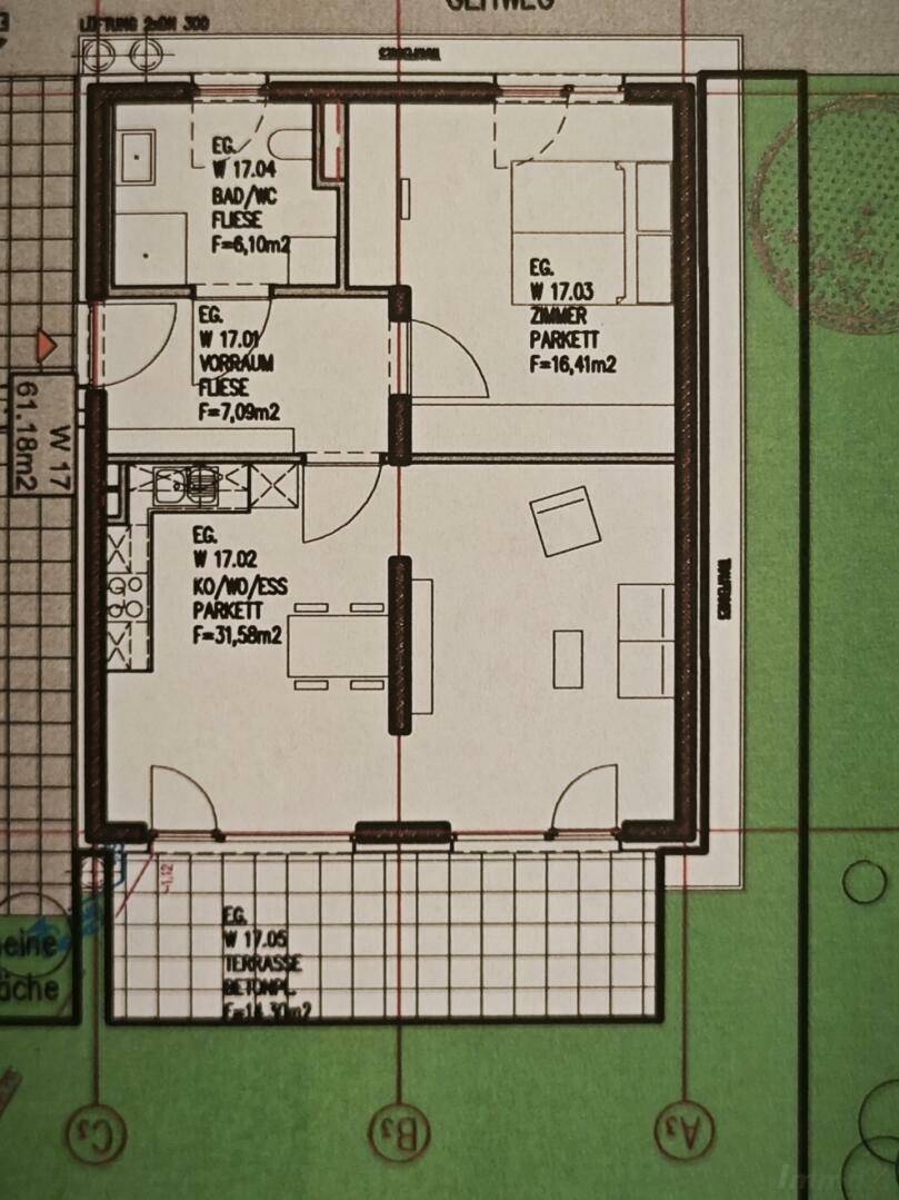 Technischer Grundriss des Erdgeschosses mit Bad, Zimmer und offenem Wohn-Essbereich.