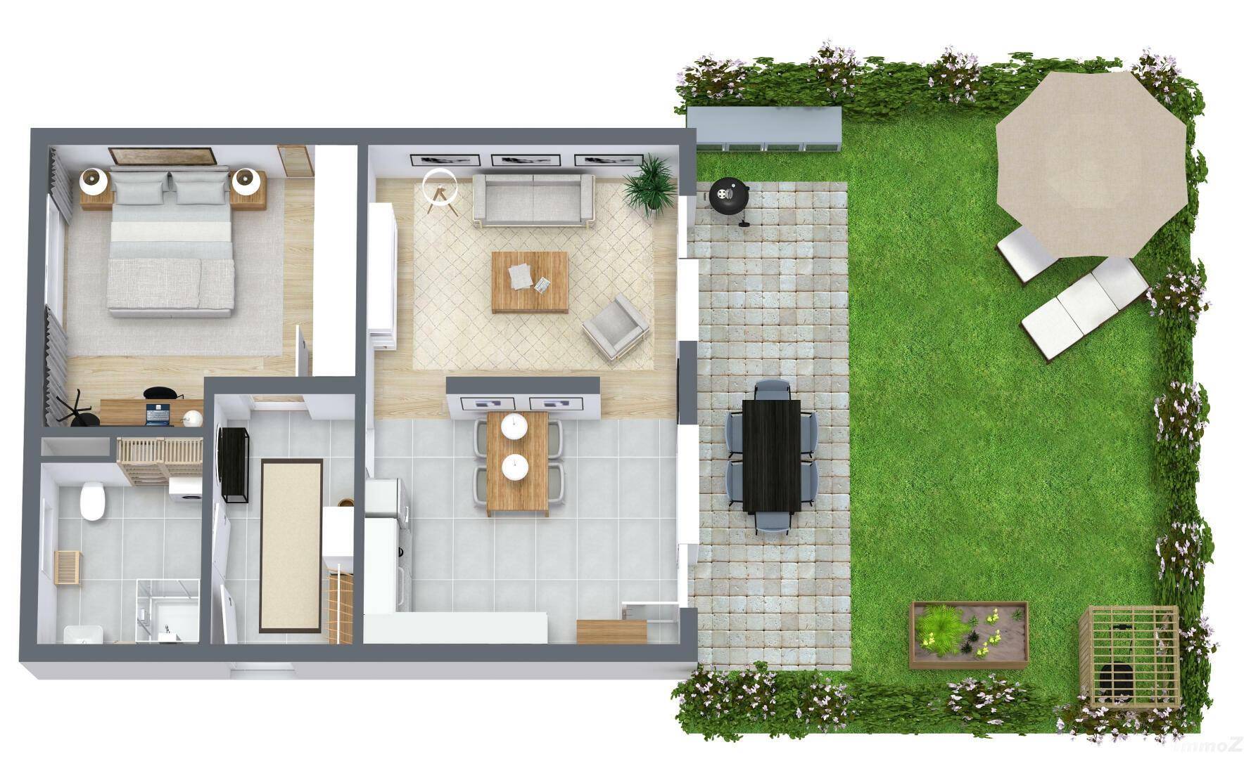 Detaillierter Grundriss einer Wohnung mit Garten, Terrasse und offenem Wohnbereich.