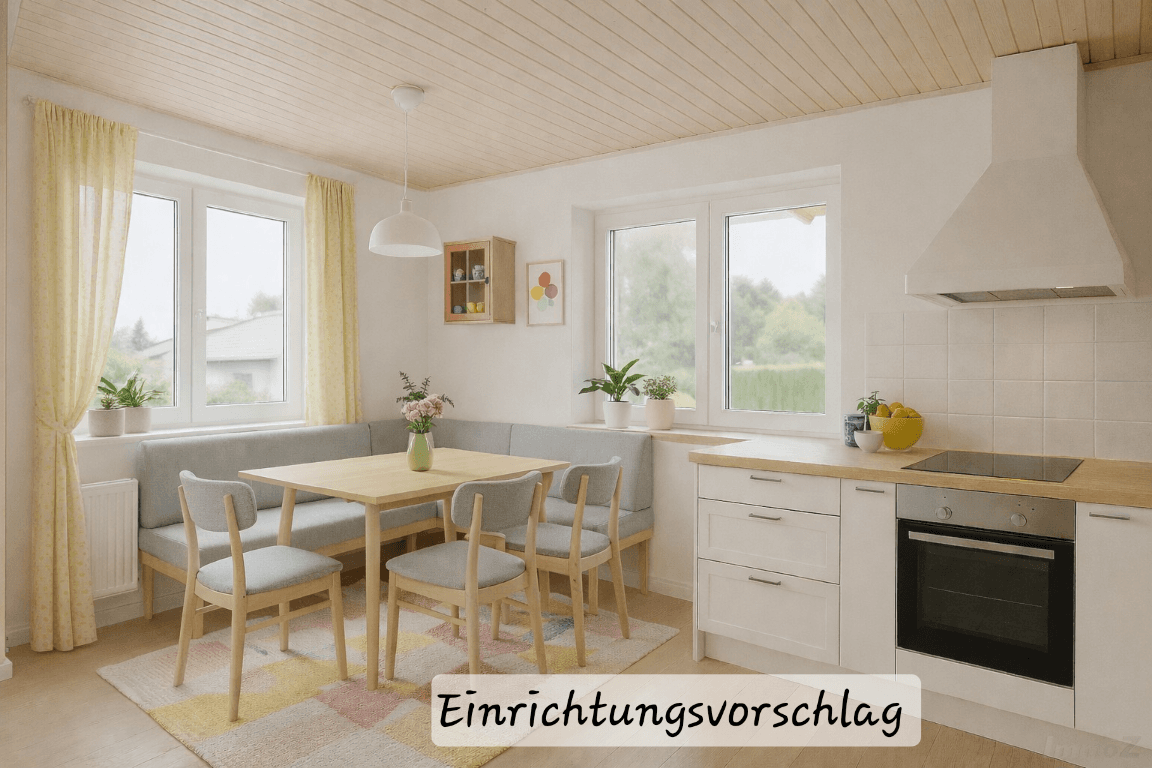 Helle, moderne Küche mit integriertem Essbereich, Holzbalkendecke und Blick ins Grüne.