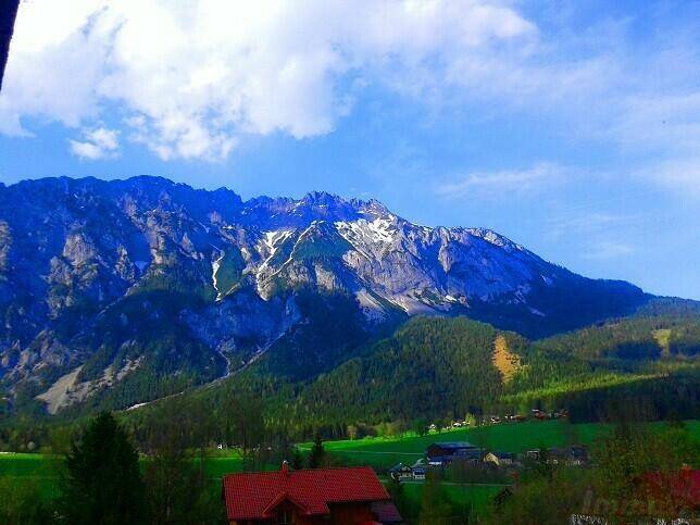 Panoramablick auf majestätische Berge mit schneebedeckten Gipfeln und grünen Wäldern unter blauem Himmel.