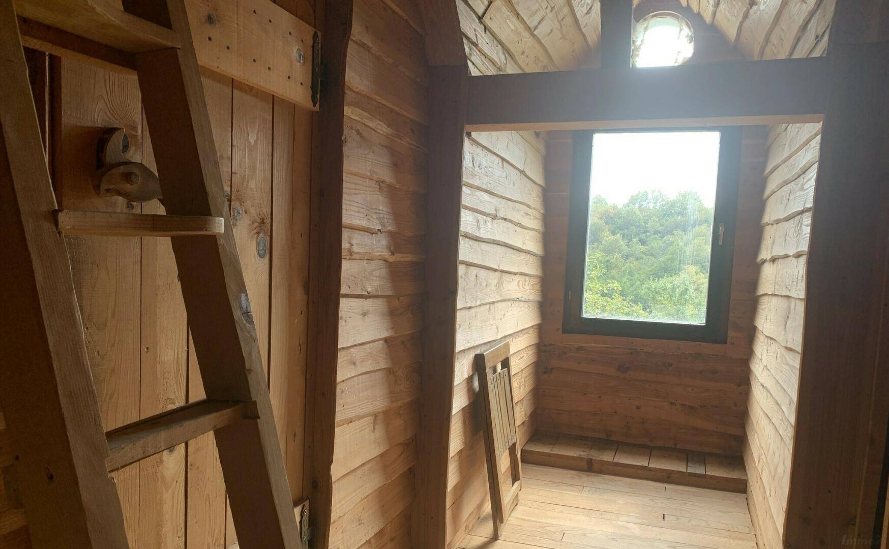 Innenraum mit rustikalen Holzverkleidungen und einer Holzleiter, die zu einem oberen Bereich führt.