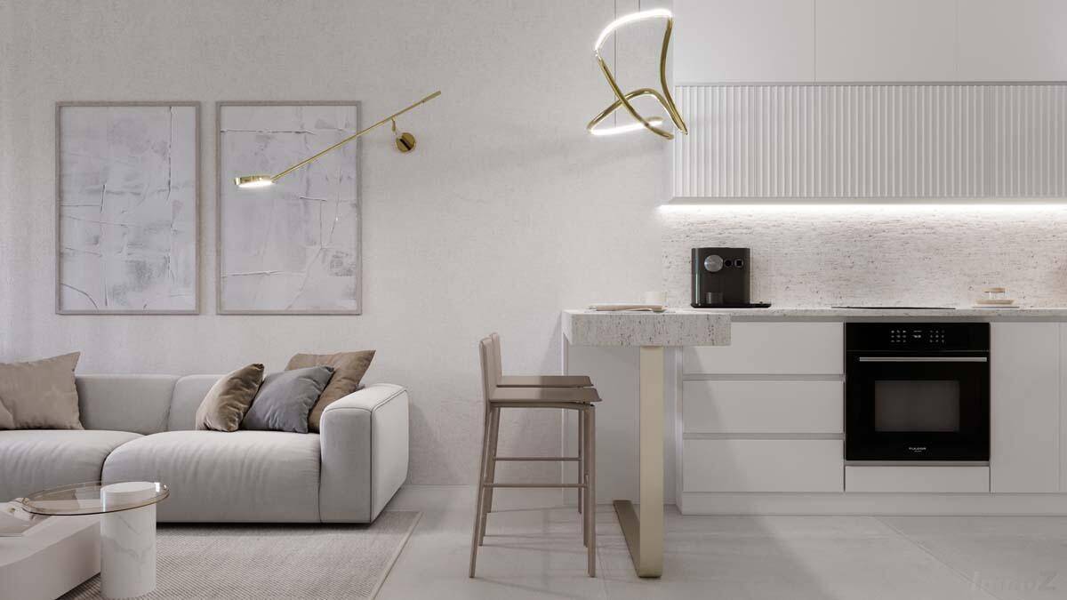 Lichtdurchfluteter Wohnbereich mit integrierter Küchenzeile und minimalistischem Design.