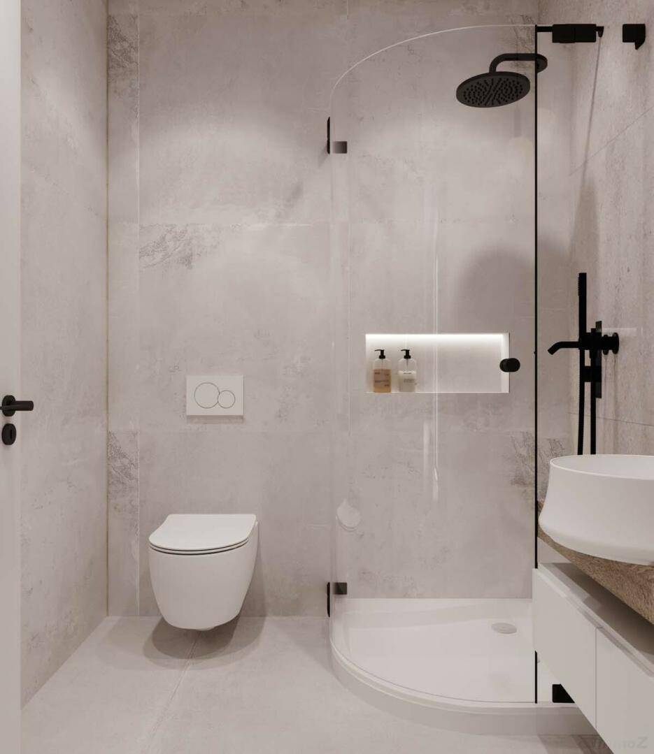 Modernes Badezimmer mit begehbarer Dusche, Wand-WC und minimalistischem Design.