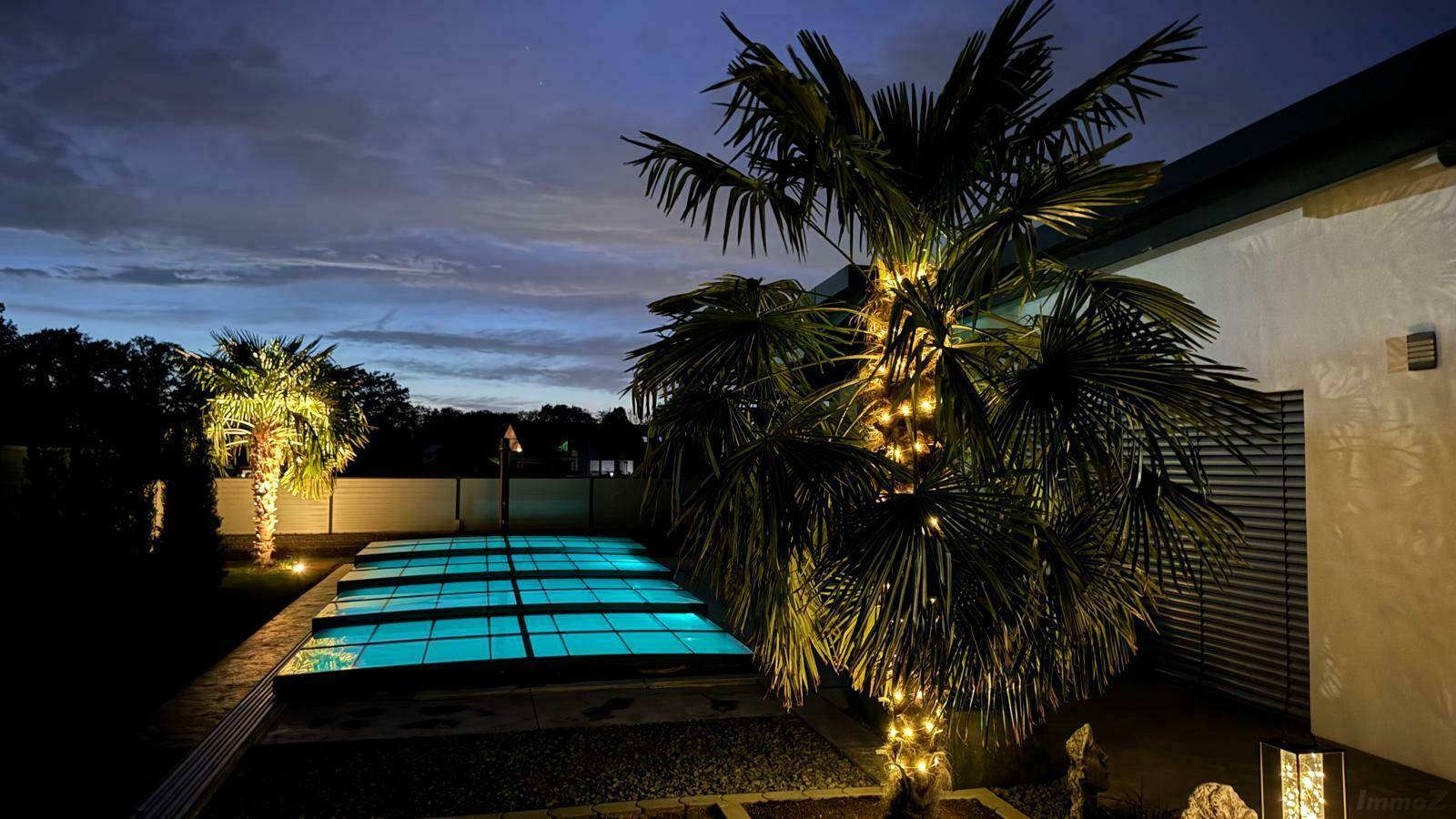 Stimmungsvoll beleuchteter Garten mit Pool und Palmen in der Abenddämmerung.