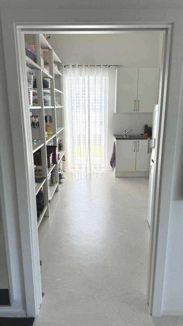 Praktischer Hauswirtschaftsraum mit Regalen, Spülbecken und Fenster.